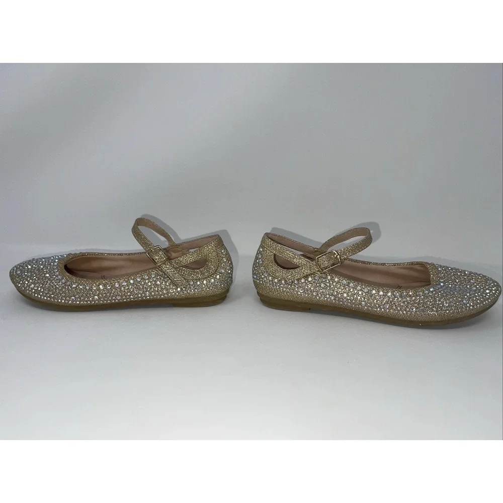 Girls Size 1 Gold Rhinestone‎ Encrusted Glittery Mary Jane Flat Dress Shoes